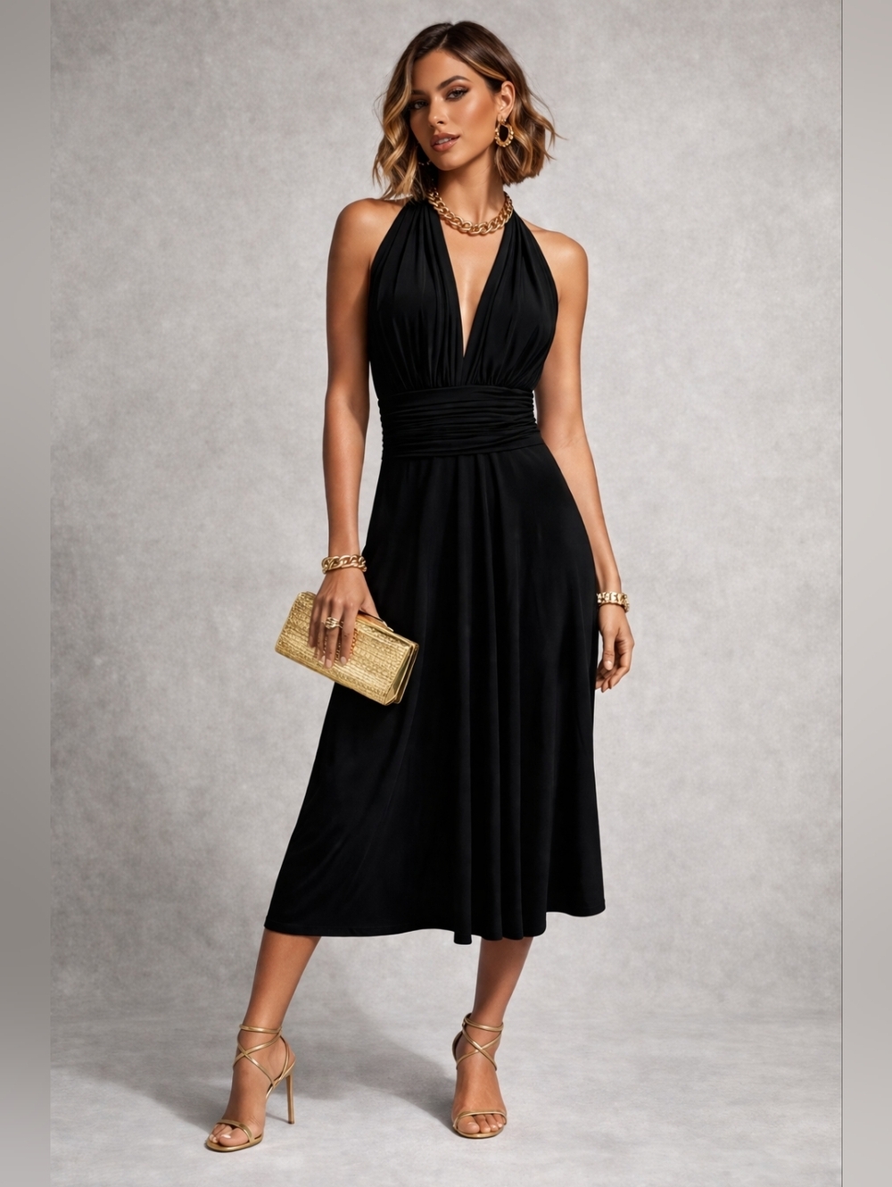Elegant Black Halter Midi Dress - Classic Evening Style